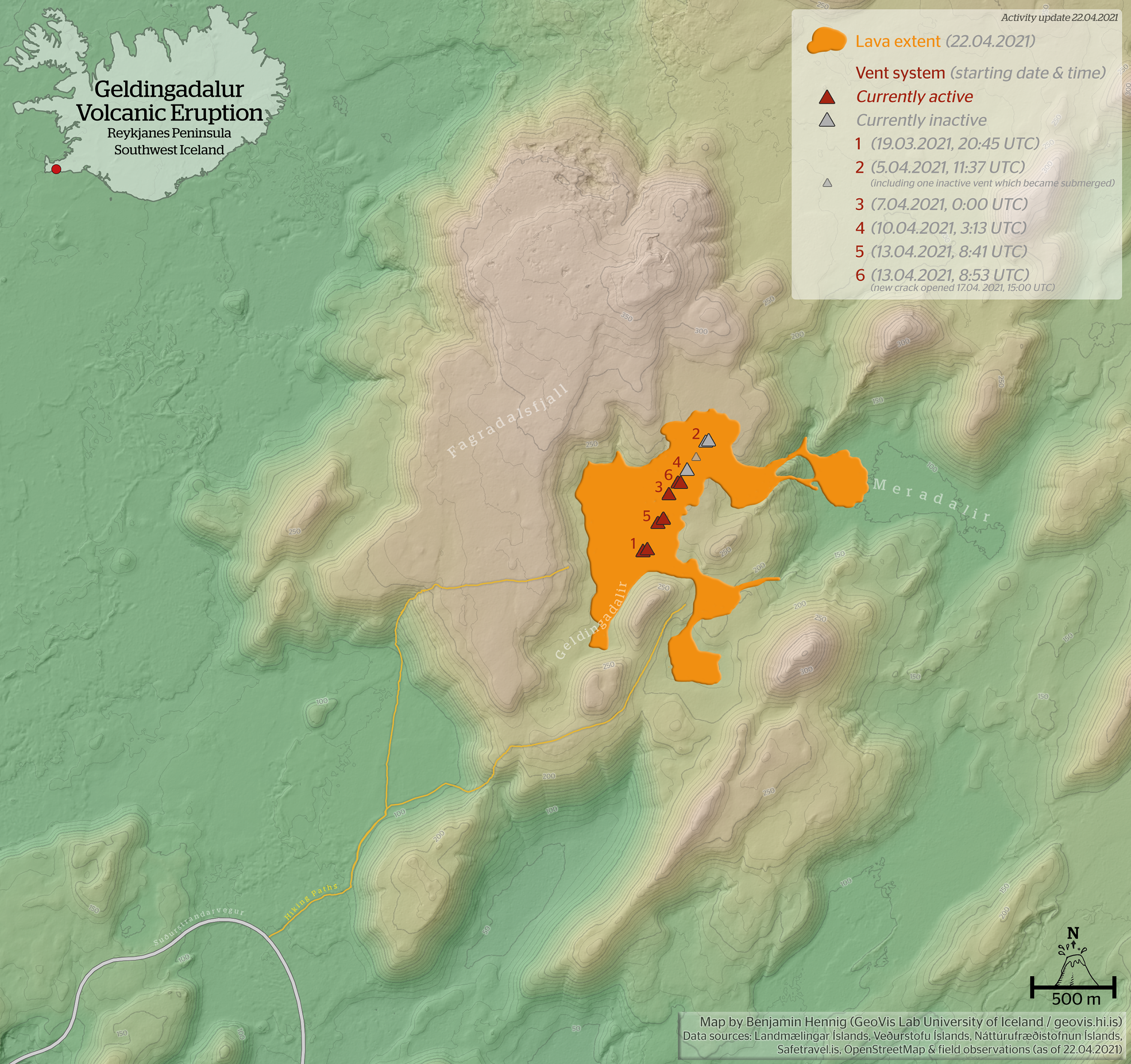 Lava flow and topographic map of the Geldingadalir Volcano Eruption in Iceland 2021